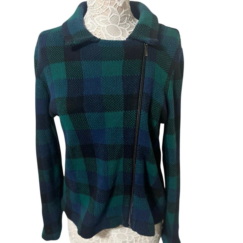 Chaps Green and Blue Preppy Plaid Zip Up Cardigan 100% Cotton- Womens Large